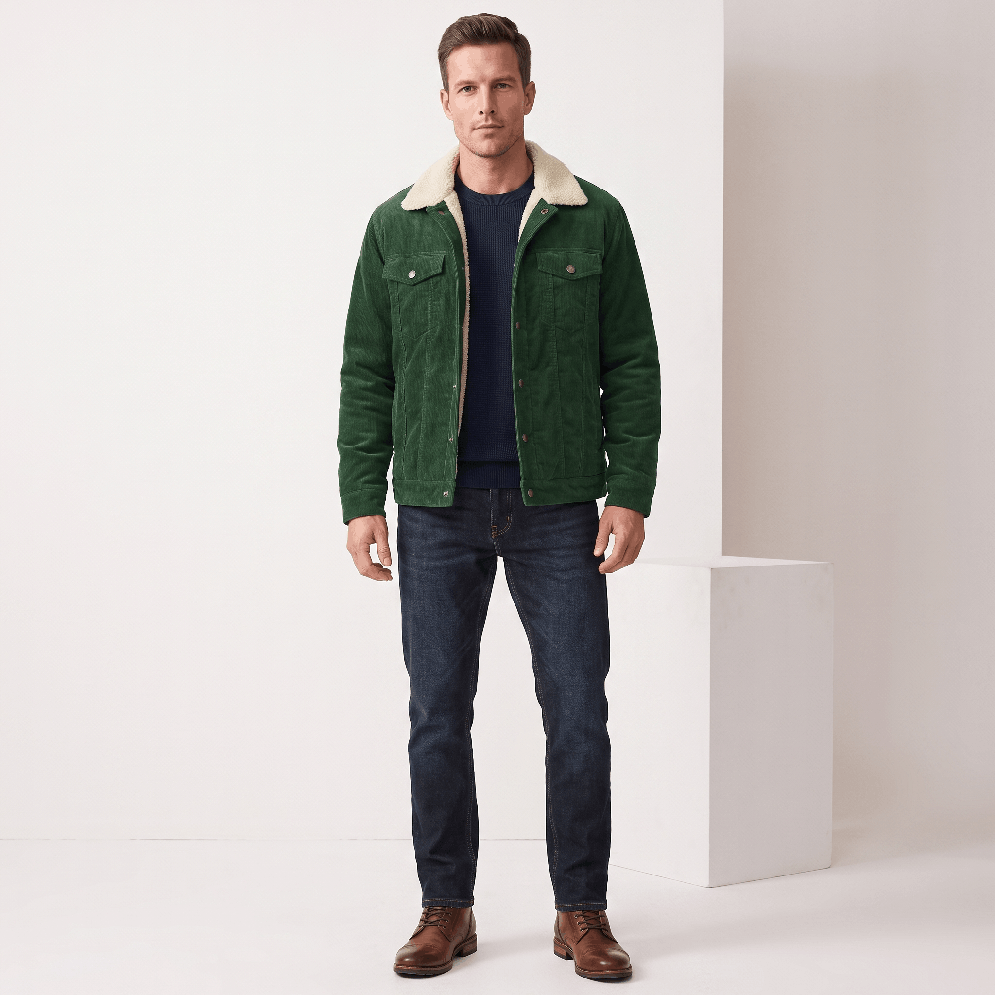 Forest green cotton corduroy jacket with a cream sherpa lining, turn-down collar, and button-front closure.