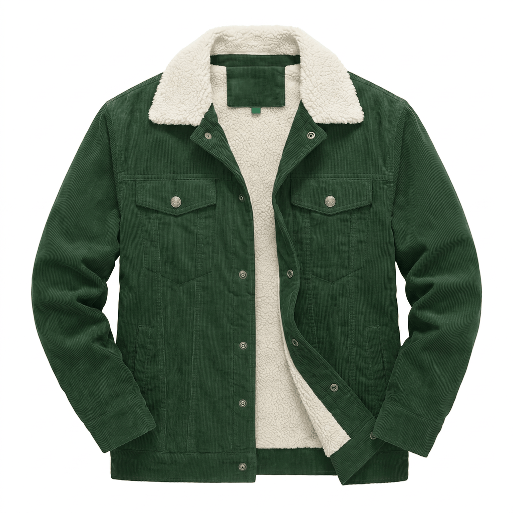 Forest green cotton corduroy jacket featuring a cream sherpa-lined turn-down collar and interior with button-front closure.