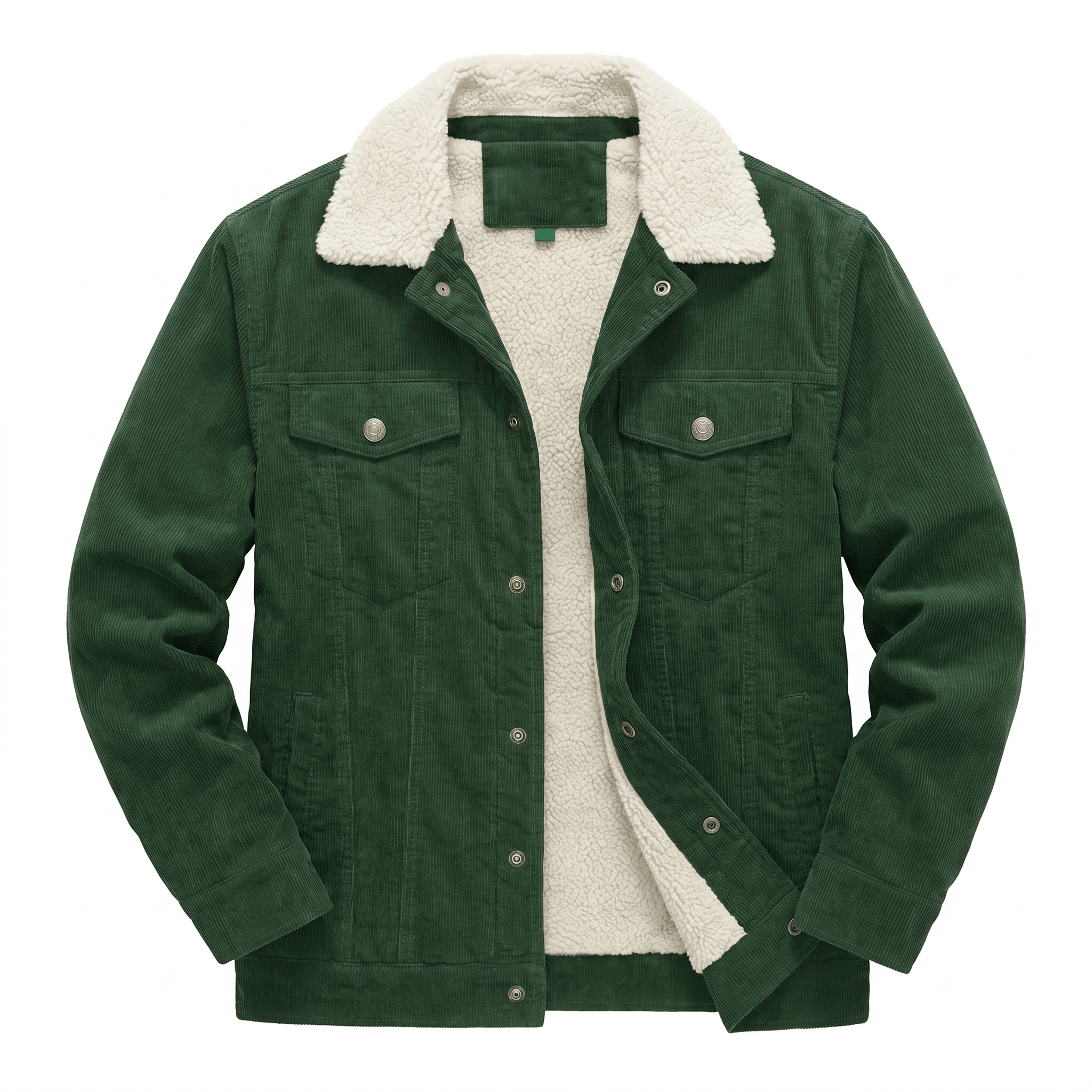 Forest green cotton corduroy jacket featuring a cream sherpa-lined turn-down collar and interior with button-front closure.