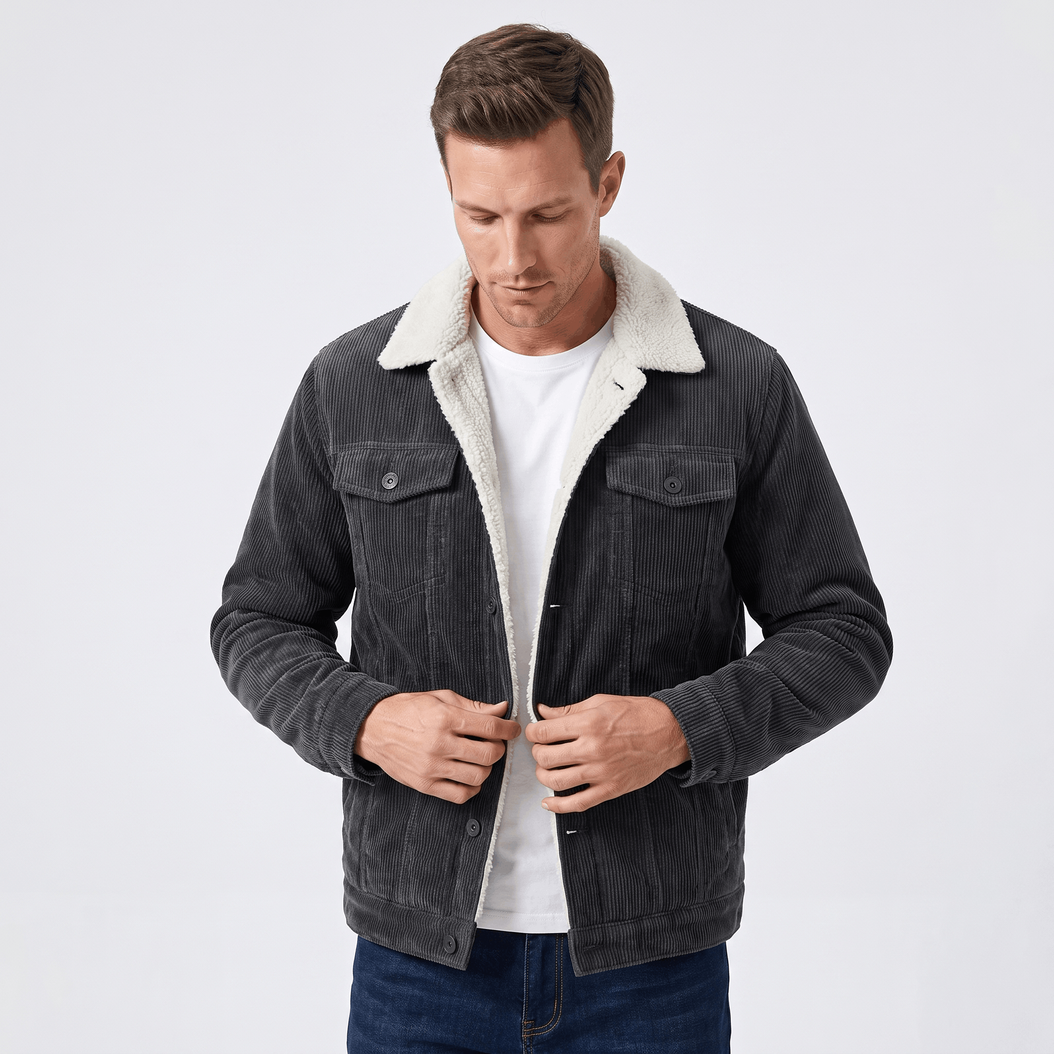 Charcoal grey cotton corduroy jacket with a white sherpa-lined turn-down collar and button-front closure.