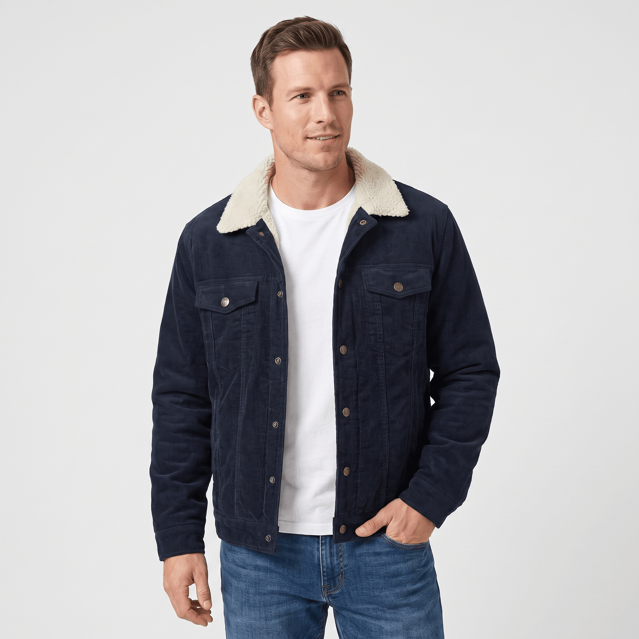 Navy blue cotton corduroy jacket featuring a cream sherpa-lined turn-down collar and button-front closure.