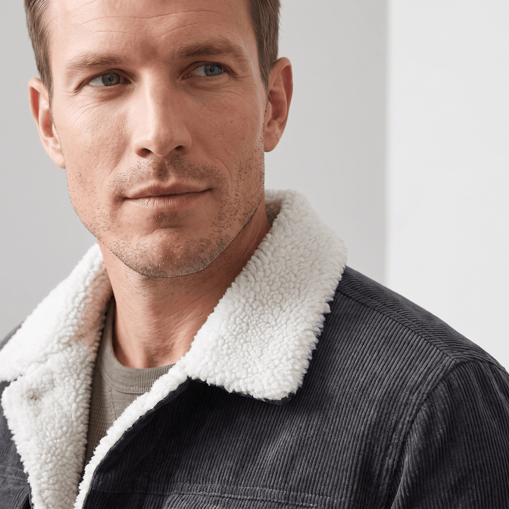Charcoal cotton corduroy jacket featuring a plush white sherpa-lined turn-down collar and interior.