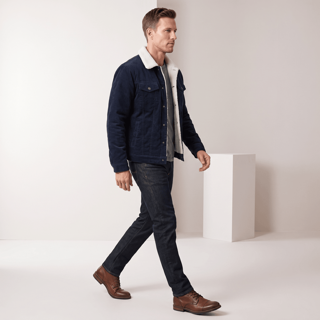 Navy corduroy jacket with white sherpa lining, turn-down collar, and button-front closure worn over a grey knit sweater.