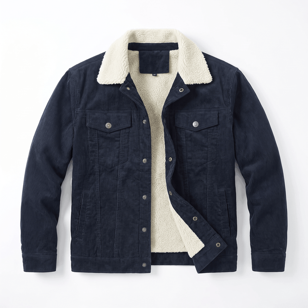Navy blue cotton corduroy jacket featuring a cream sherpa lining, turn-down collar, and button-front closure.
