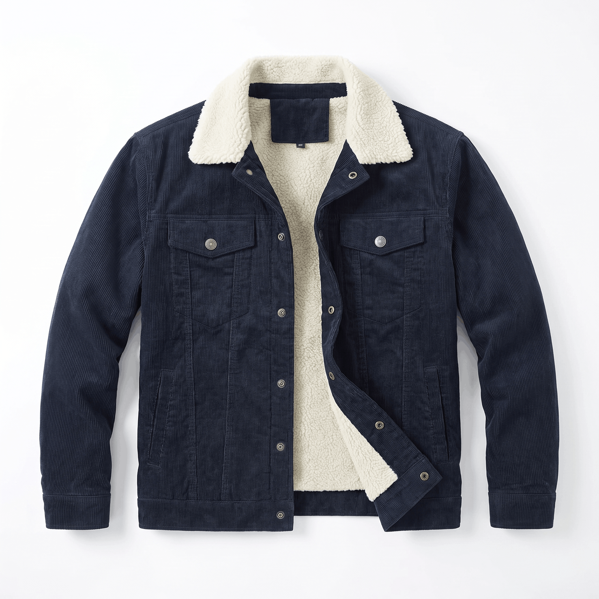 Navy blue cotton corduroy jacket featuring a cream sherpa lining, turn-down collar, and button-front closure.