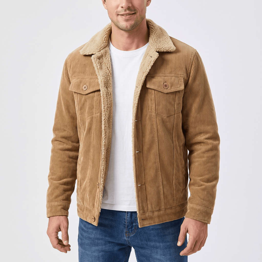 Tan cotton corduroy jacket with a warm sherpa-lined turn-down collar, button-front closure, and chest flap pockets.