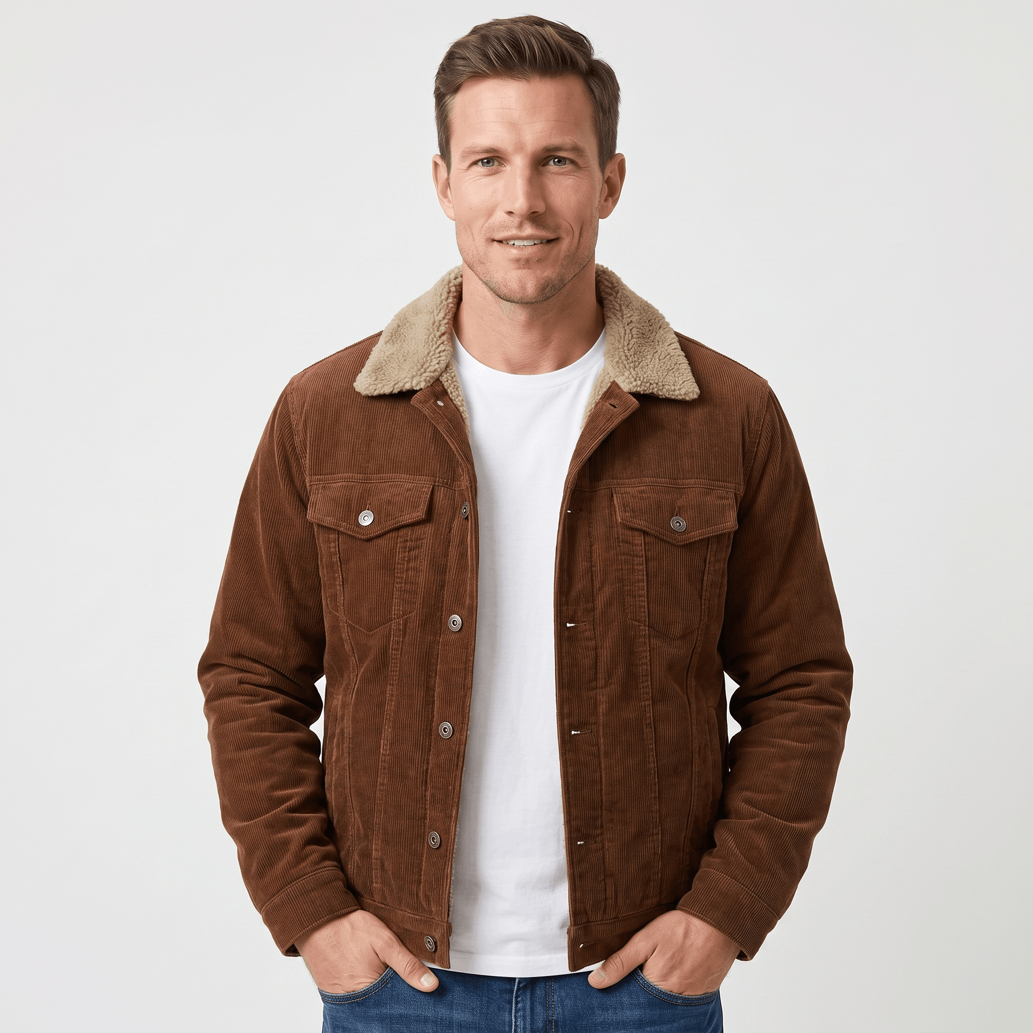 Brown cotton corduroy jacket with a cream sherpa-lined turn-down collar, button-front closure, and chest flap pockets.