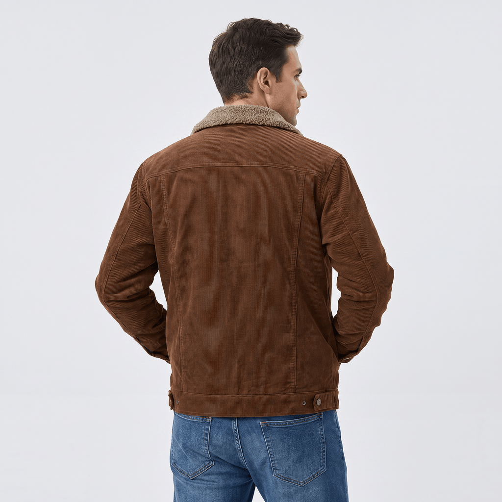 Brown corduroy jacket with a sherpa-lined turn-down collar, featuring a structured fit and button-tab waist details.