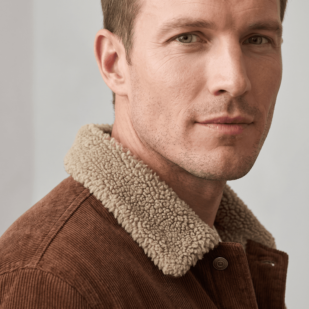 Brown cotton corduroy jacket featuring a textured sherpa-lined turn-down collar and button-front closure.