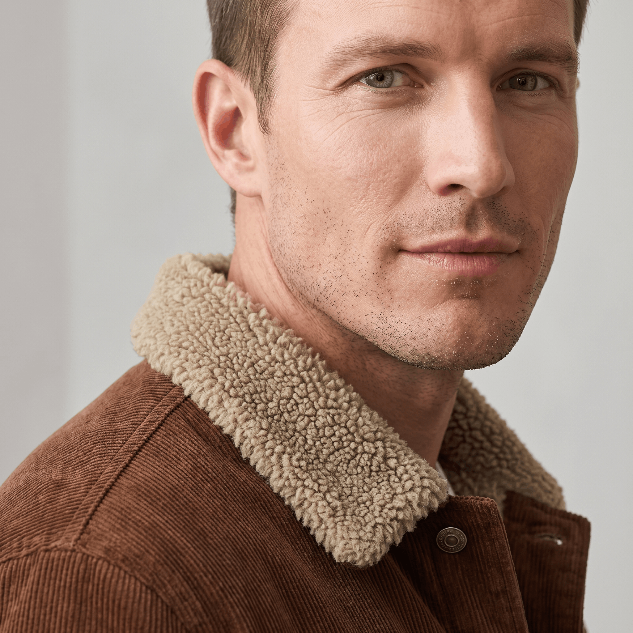 Brown cotton corduroy jacket featuring a textured sherpa-lined turn-down collar and button-front closure.