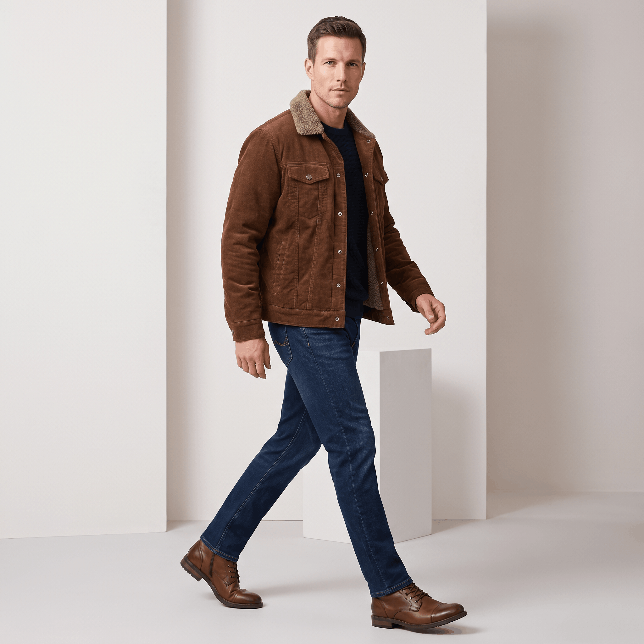 Brown cotton corduroy jacket with a sherpa-lined turn-down collar, button-front closure, and chest flap pockets.