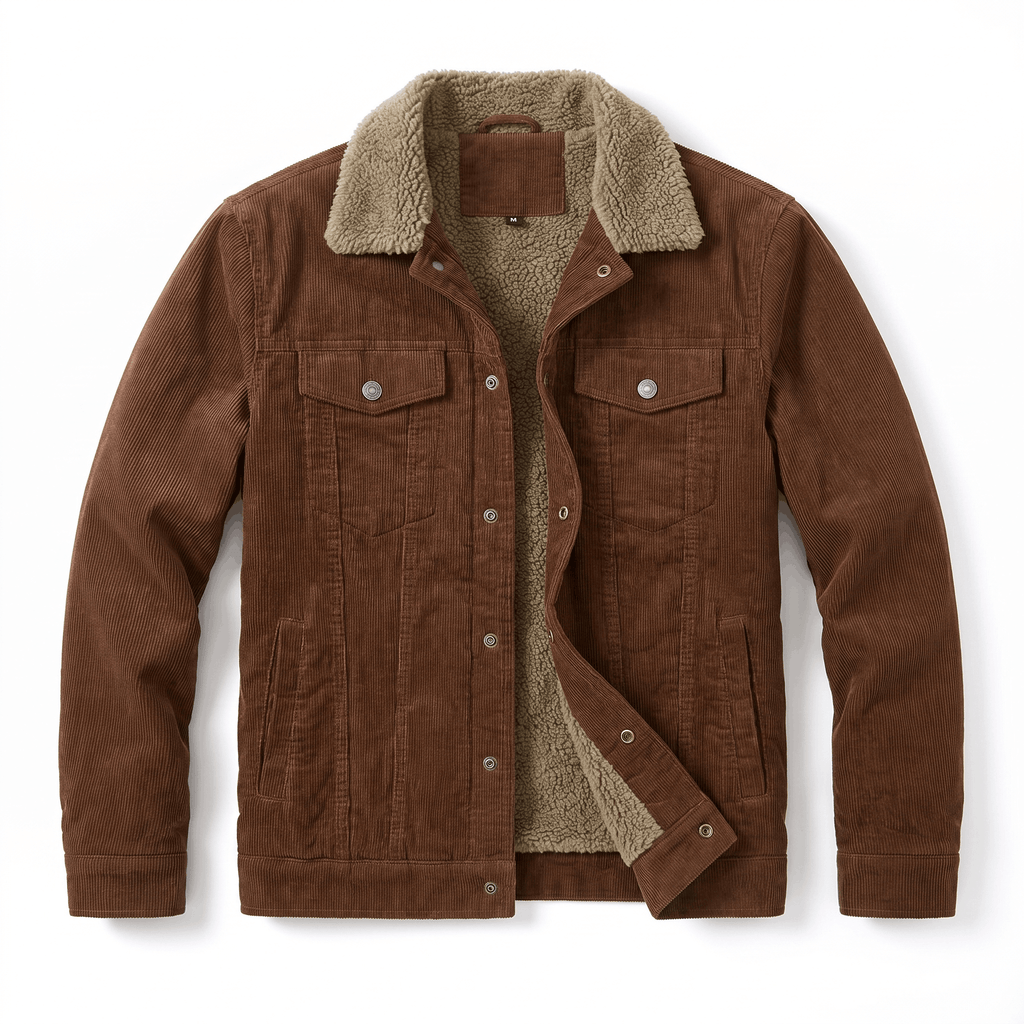 Brown cotton corduroy jacket with a warm sherpa-lined interior, turn-down collar, and button-front closure.