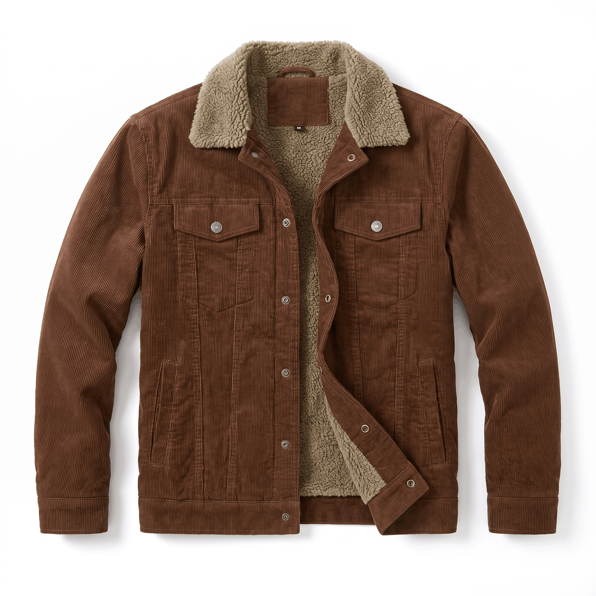 Brown cotton corduroy jacket with a warm sherpa-lined interior, turn-down collar, and button-front closure.
