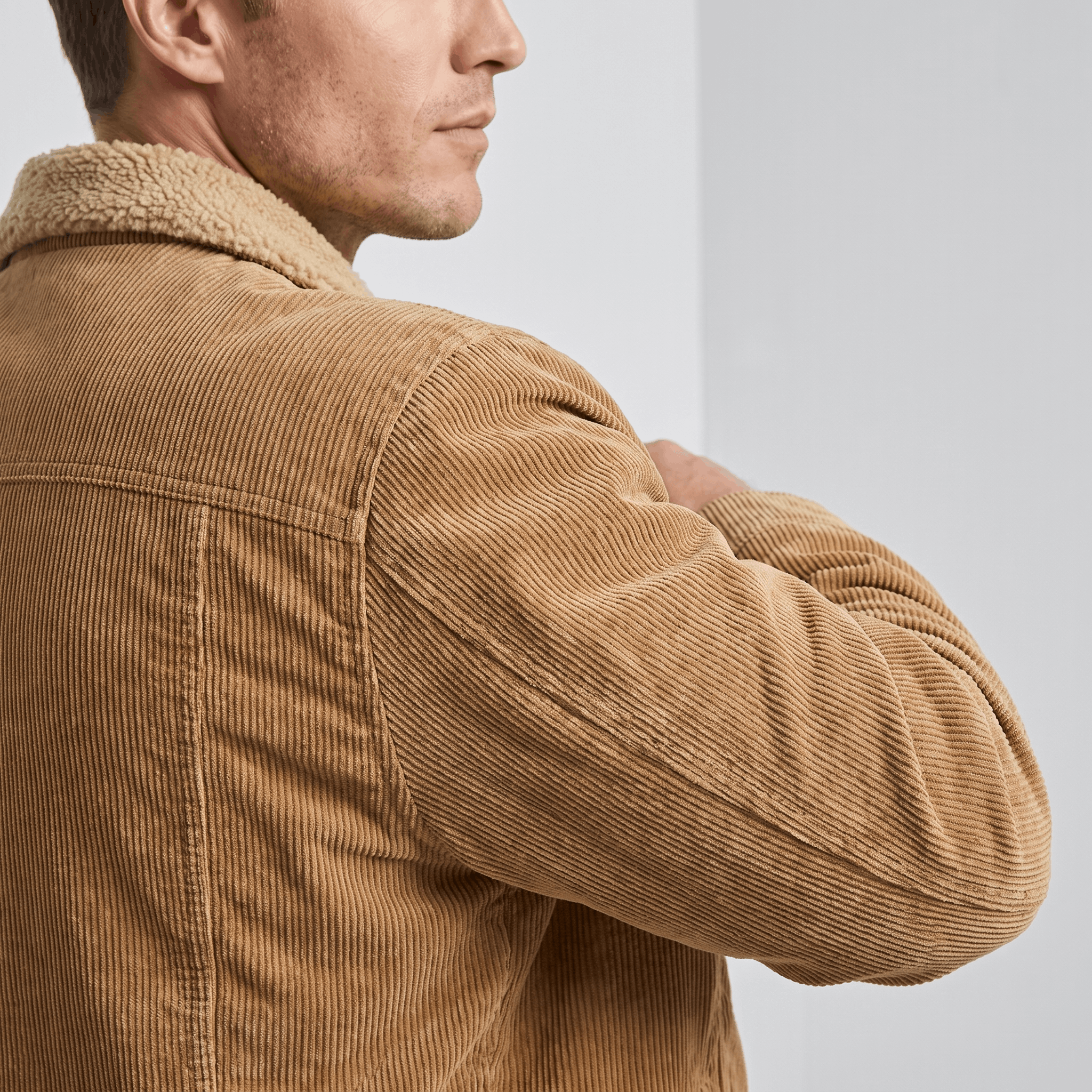 Tan cotton corduroy jacket with a warm sherpa-lined turn-down collar and structured shoulder fit.