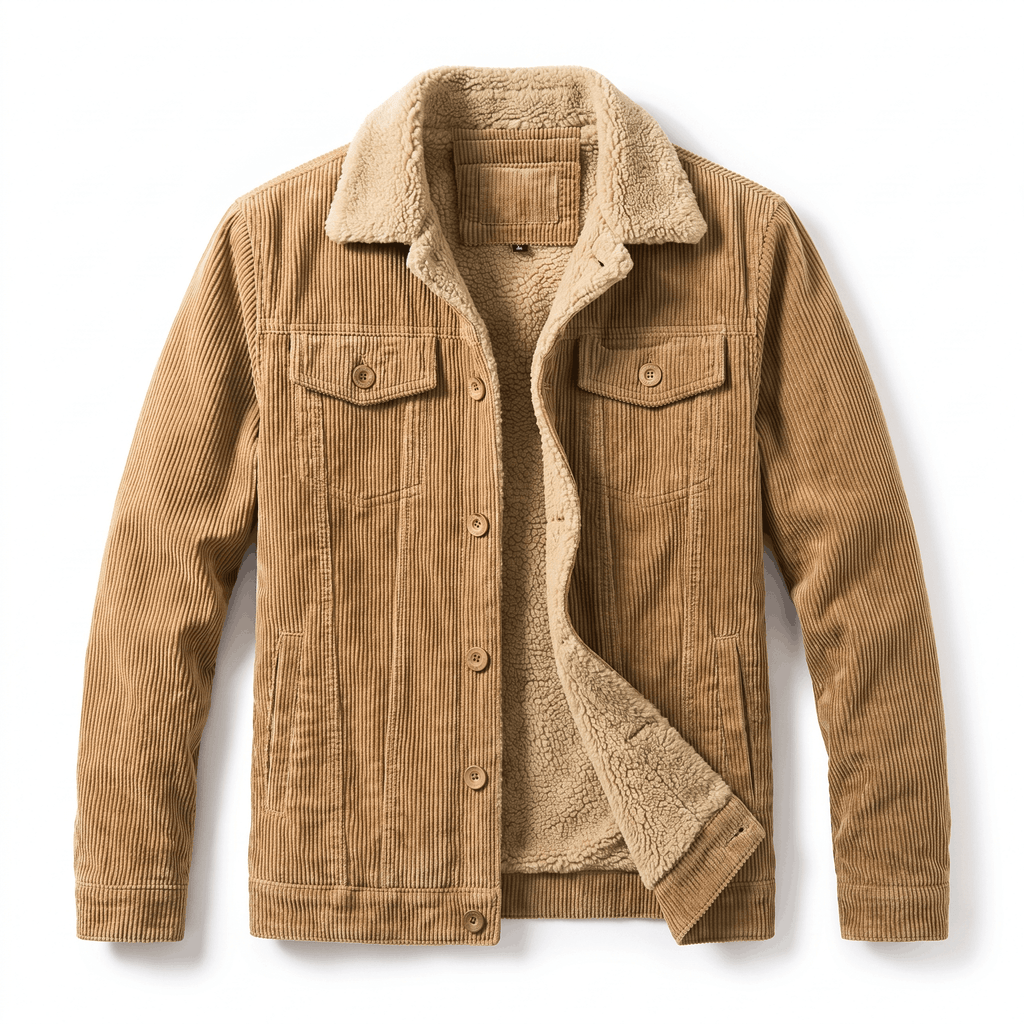 Tan cotton corduroy jacket with a warm sherpa lining, turn-down collar, button-front closure, and chest flap pockets.