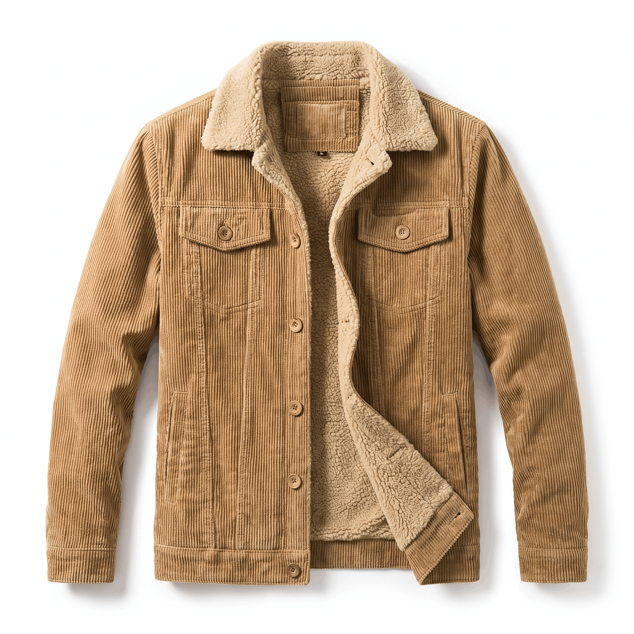 Tan cotton corduroy jacket with a warm sherpa lining, turn-down collar, button-front closure, and chest flap pockets.
