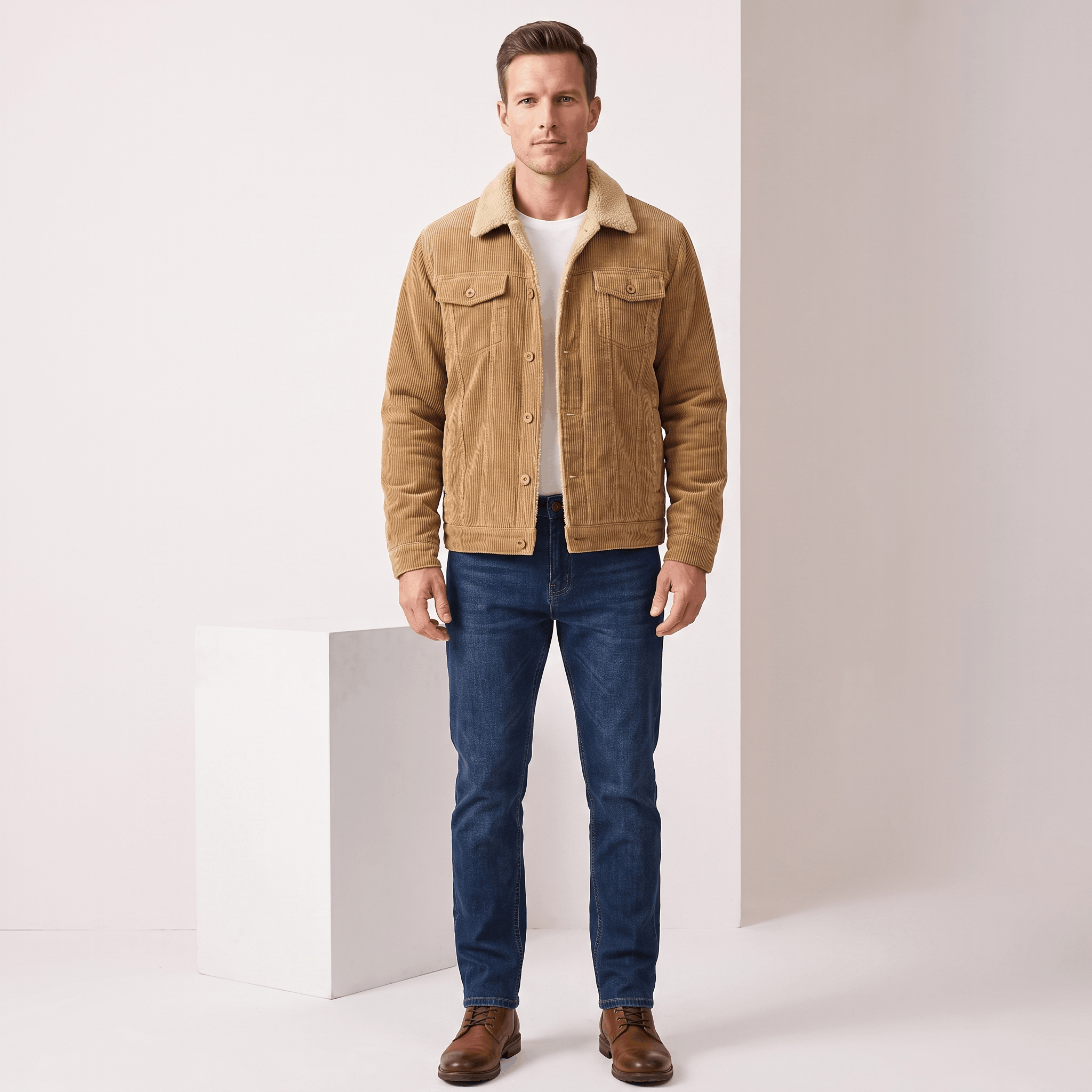 Tan cotton corduroy jacket with a sherpa-lined turn-down collar, button-front closure, and chest flap pockets.
