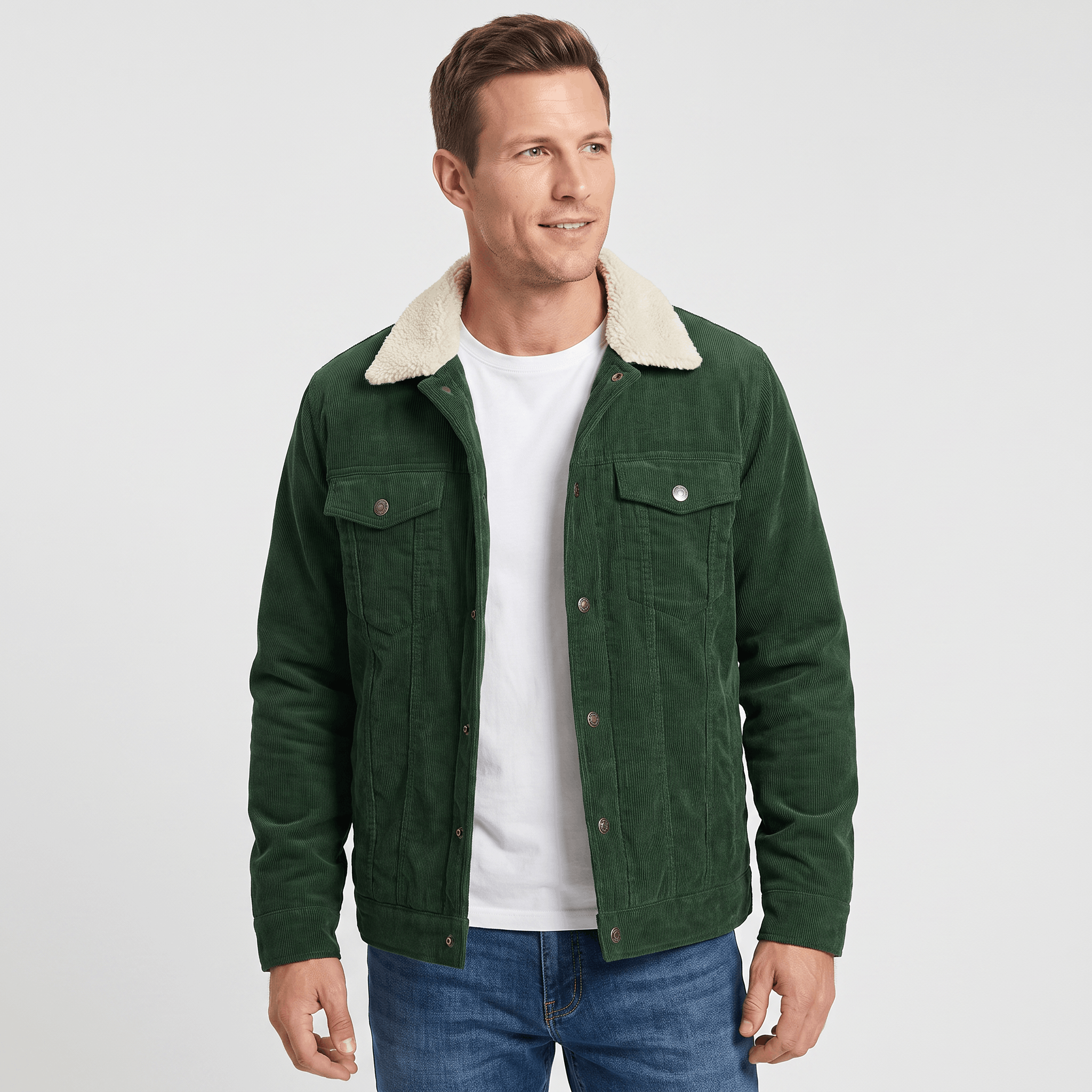 Forest green cotton corduroy jacket with a cream sherpa collar, button-front closure, and chest flap pockets.