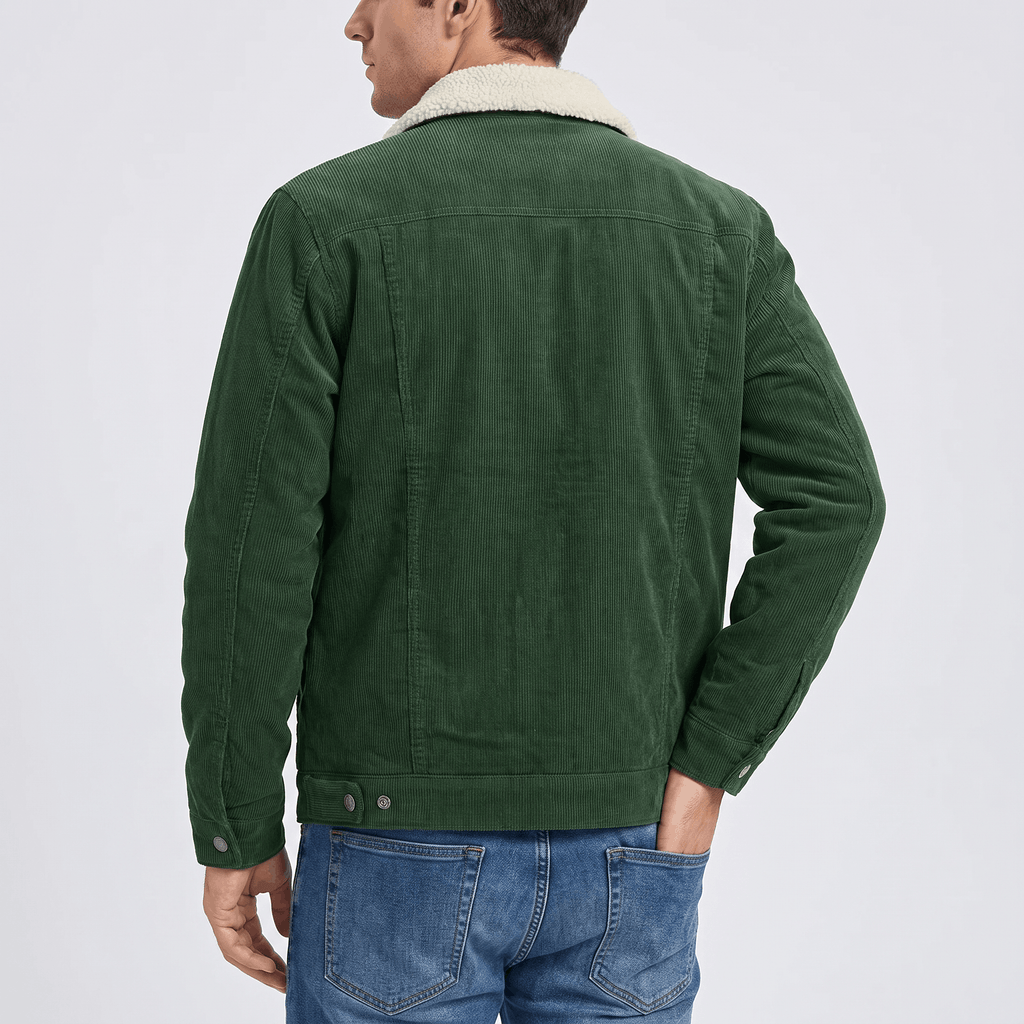 Dark green cotton corduroy jacket with a cream sherpa collar, featuring a structured back yoke and buttoned cuffs.