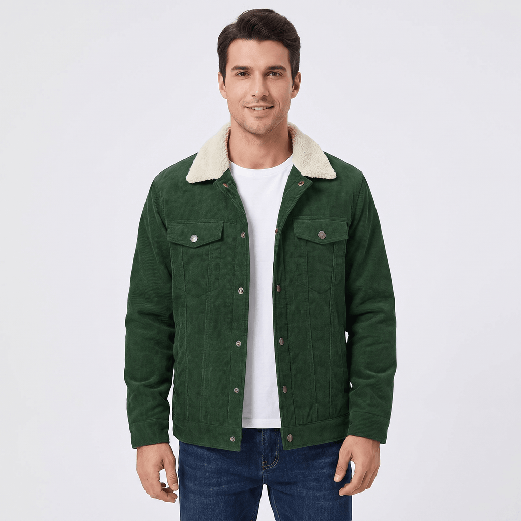 Dark green cotton corduroy jacket with a cream sherpa turn-down collar, button-front closure, and chest flap pockets.