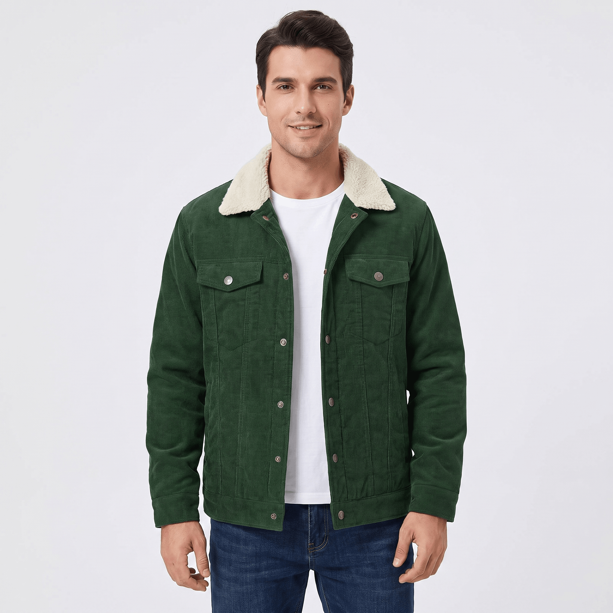 Dark green cotton corduroy jacket with a cream sherpa turn-down collar, button-front closure, and chest flap pockets.