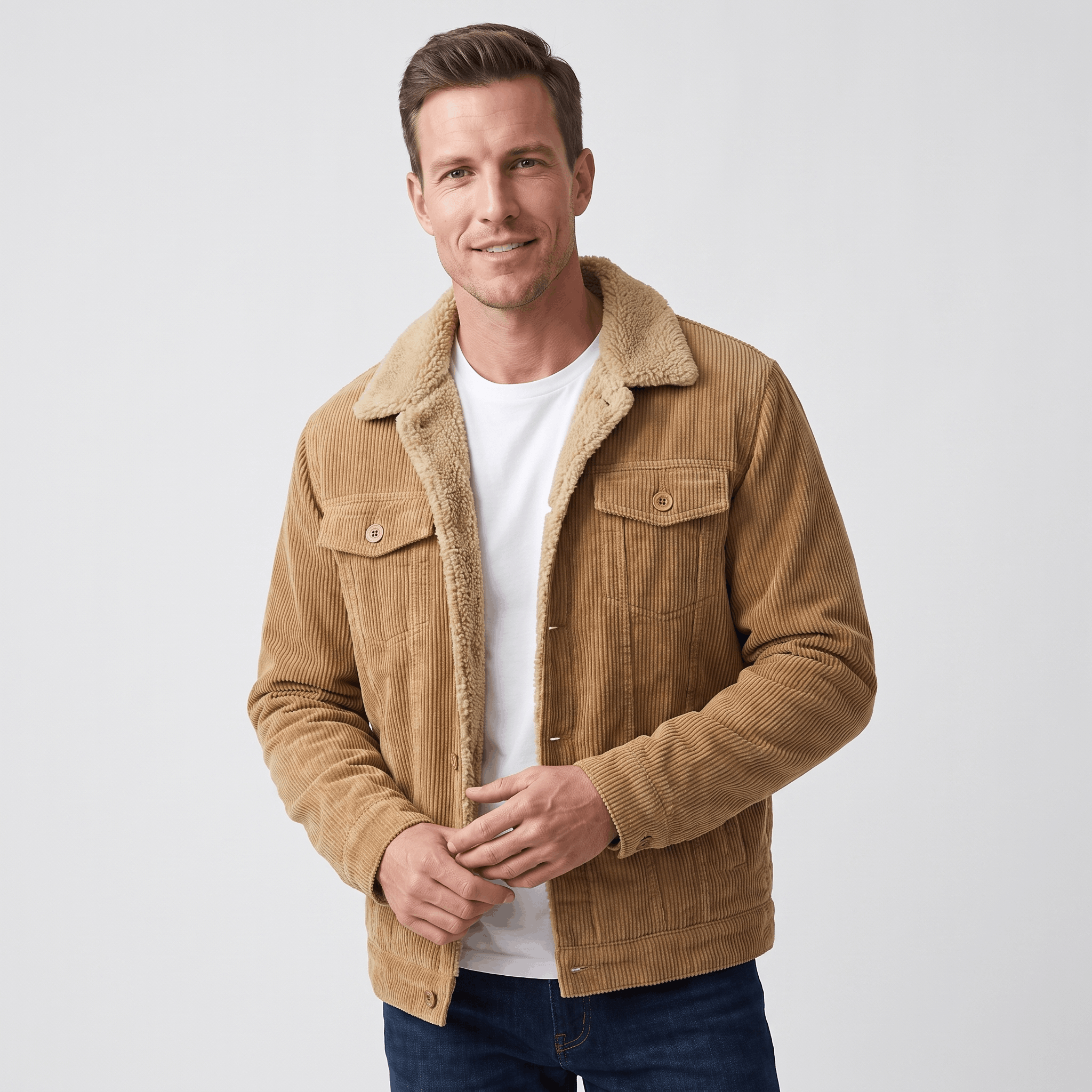 Tan cotton corduroy jacket with a plush sherpa-lined turn-down collar and button-front closure over a white t-shirt.