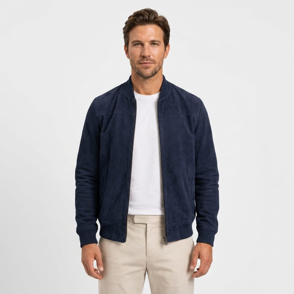 Male model wearing a navy blue zip-up jacket over a white shirt with beige trousers.