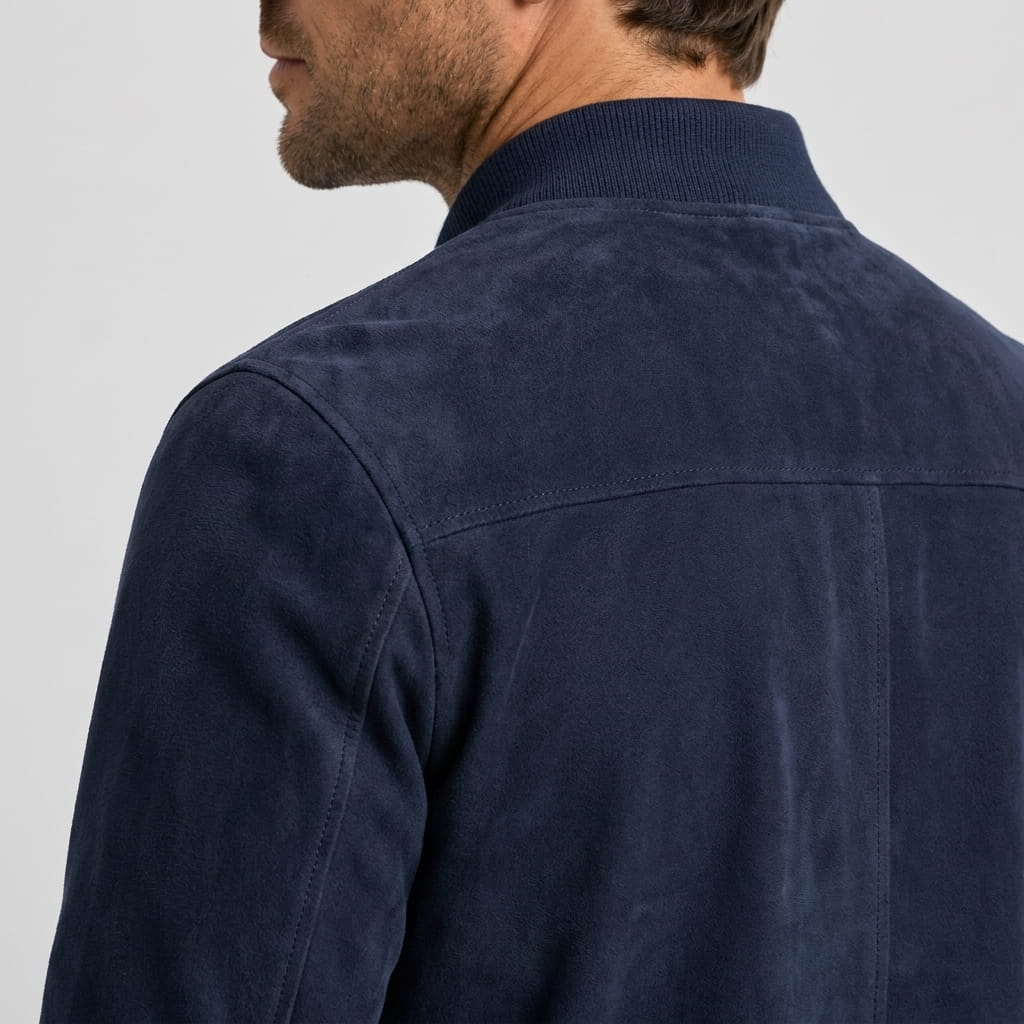Close-up back and side view of the navy blue jacket, highlighting the collar and shoulder seams.
