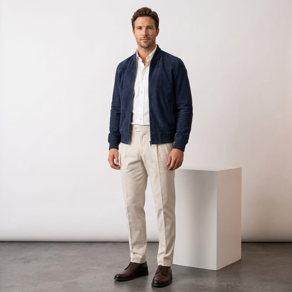 Male model wearing the navy blue jacket with beige trousers and white sneakers.