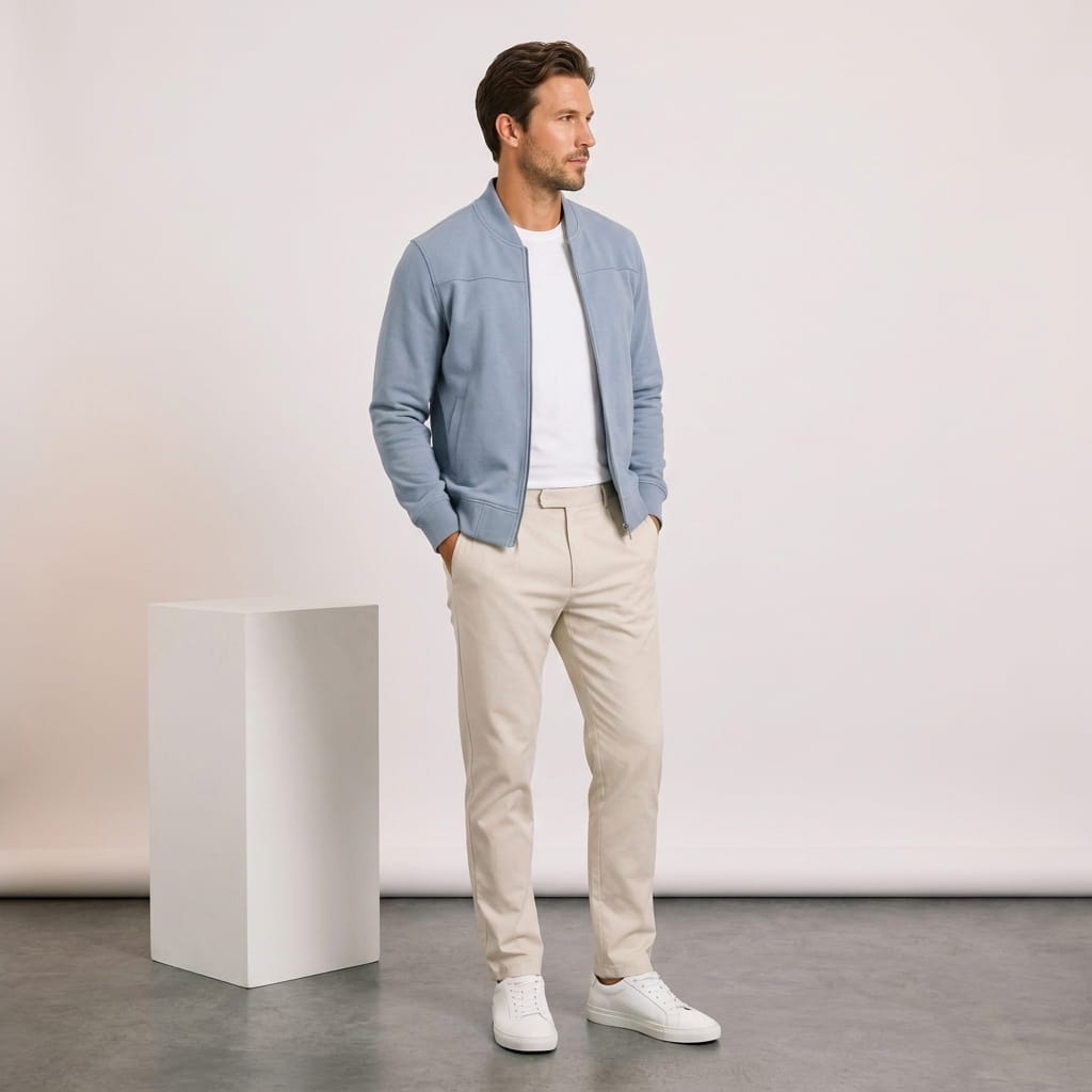 Male model wearing the light blue jacket with beige trousers and white sneakers.