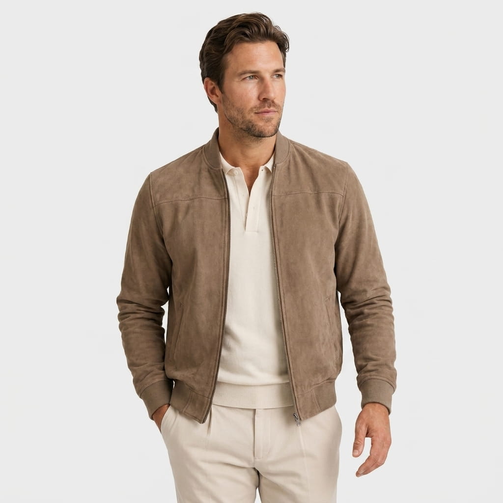 Male model wearing a brown zip-up jacket over a white shirt with beige trousers.