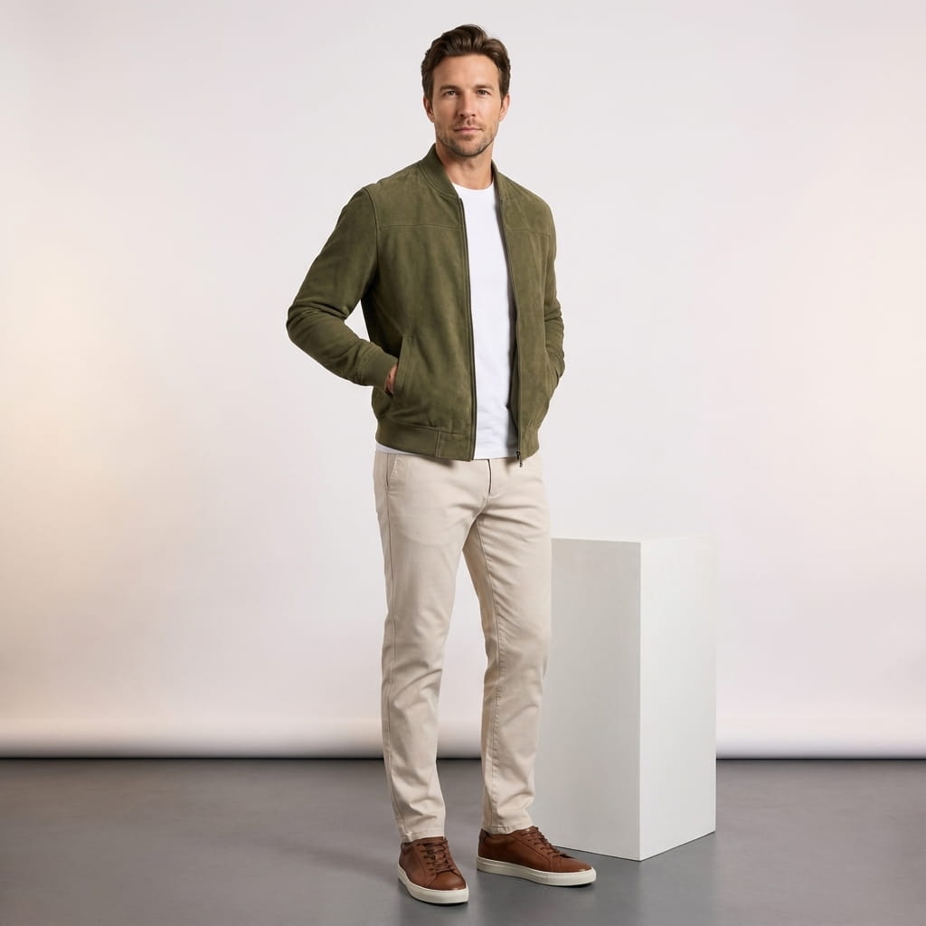 Male model wearing the olive green zip-up jacket with beige trousers and brown shoes.