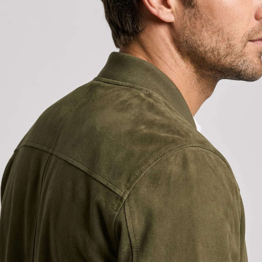 Detailed side and back view of the olive green jacket, highlighting the stand collar and shoulder.