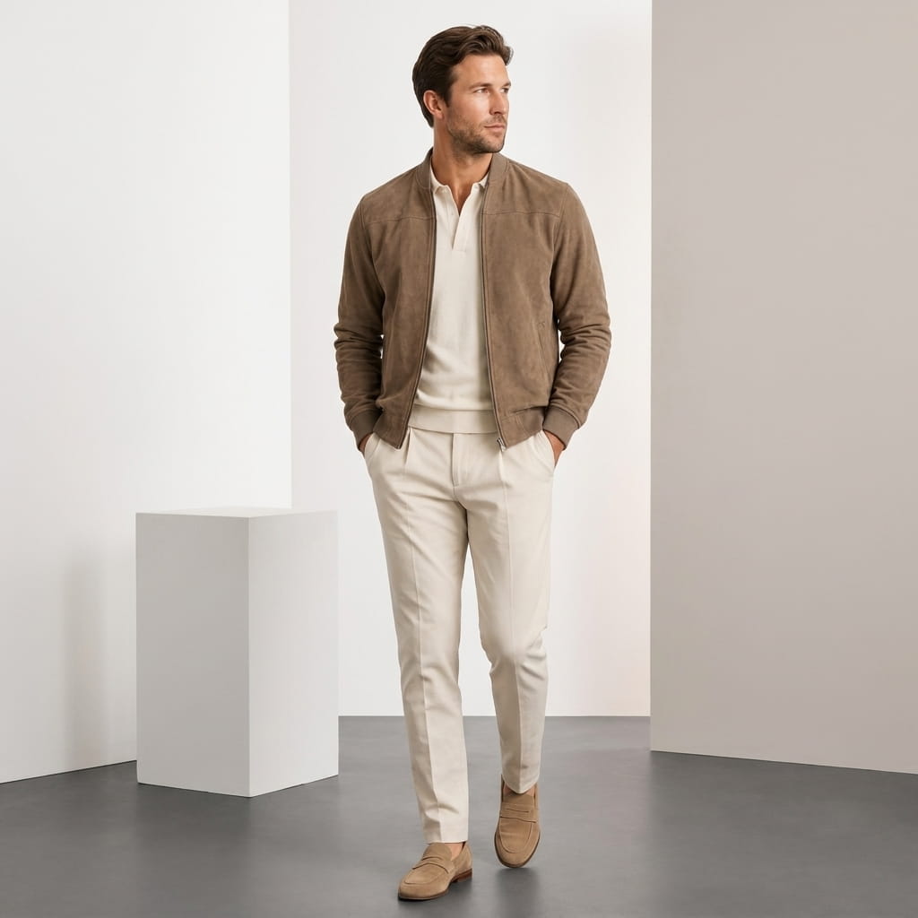 Male model wearing the brown zip-up jacket with beige trousers and brown shoes.