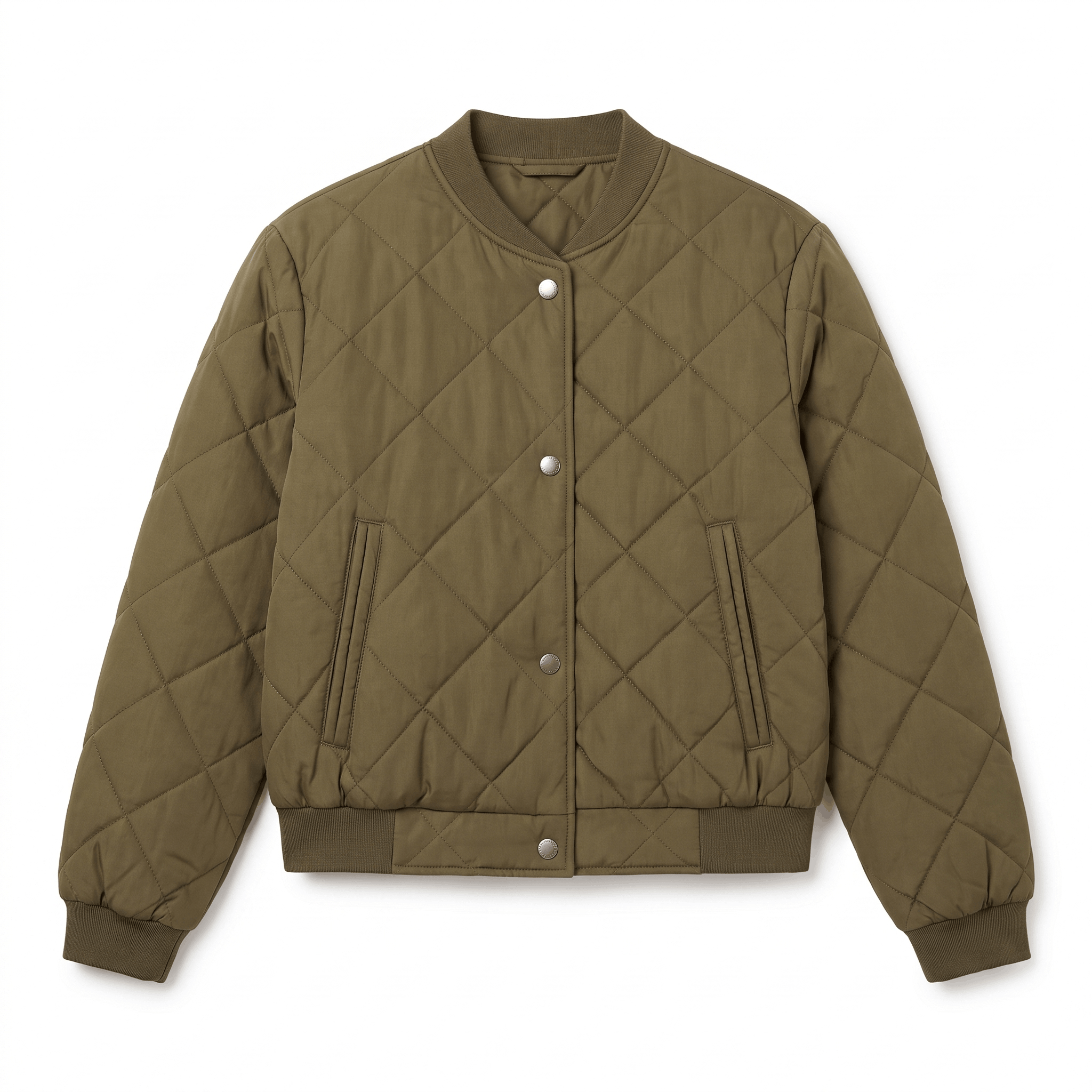 Olive green quilted jacket with a stand collar, snap-button front, diamond stitching, and ribbed cuffs and hem.