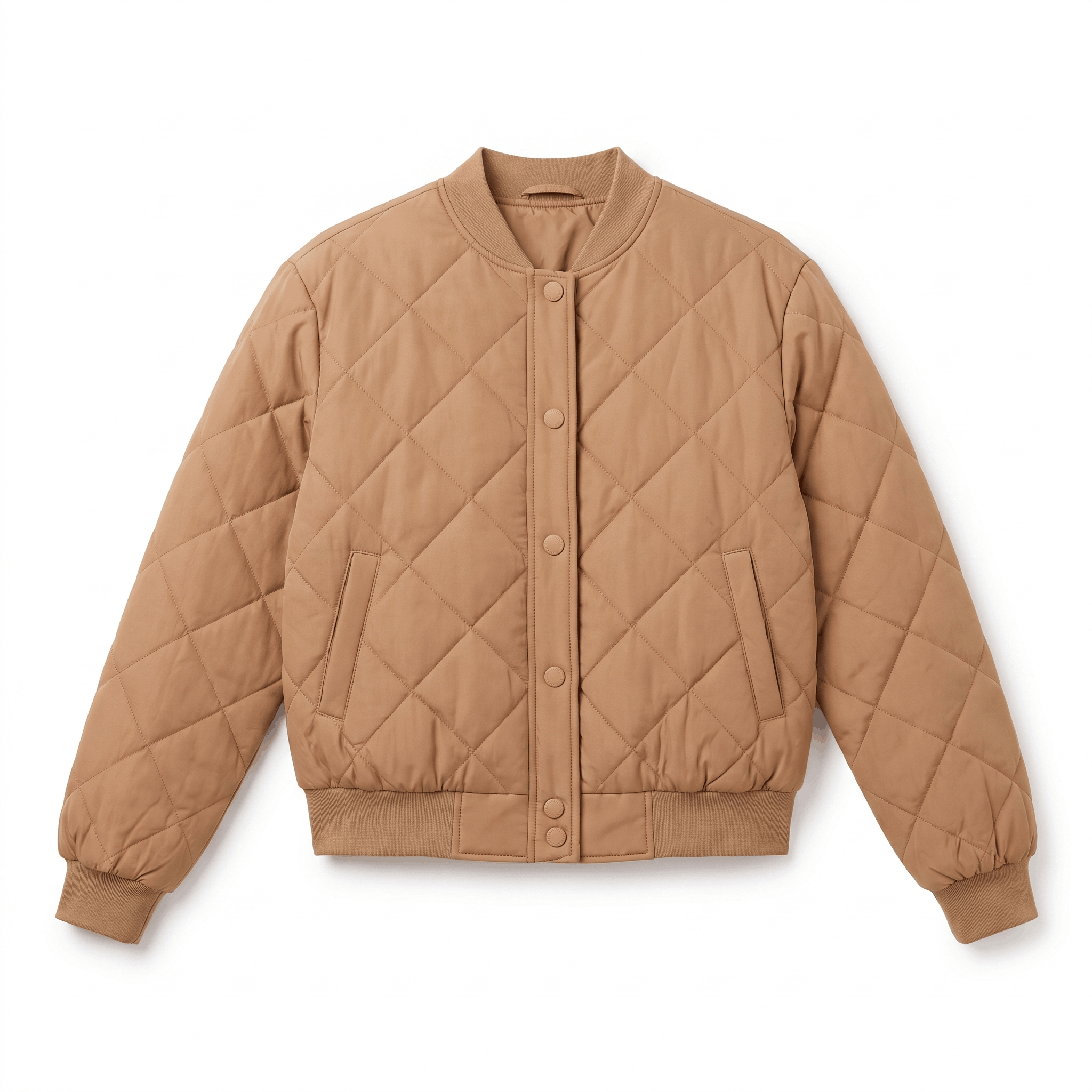 Tan quilted jacket with a stand collar, diamond-stitched pattern, snap-button front, and ribbed cuffs and hem.