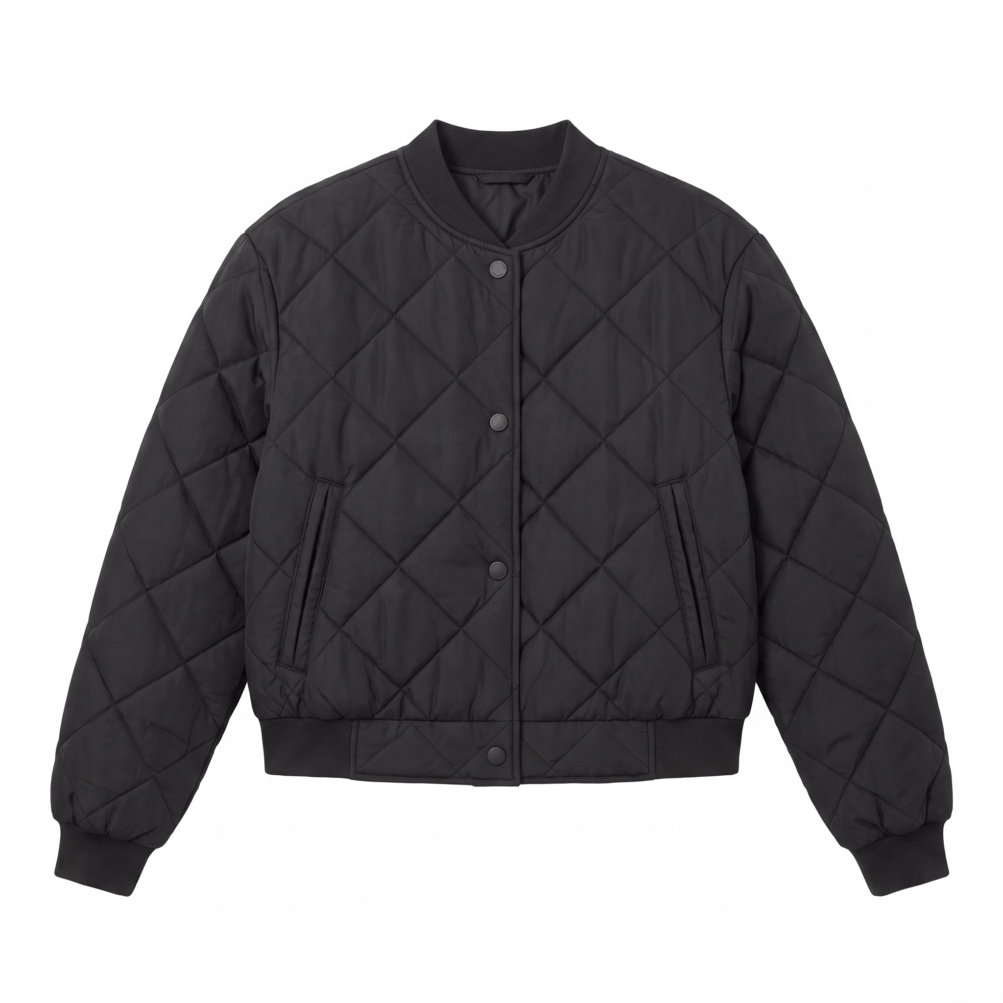 Black quilted zip-up jacket with a stand collar, diamond-stitched pattern, and ribbed cuffs and hem.