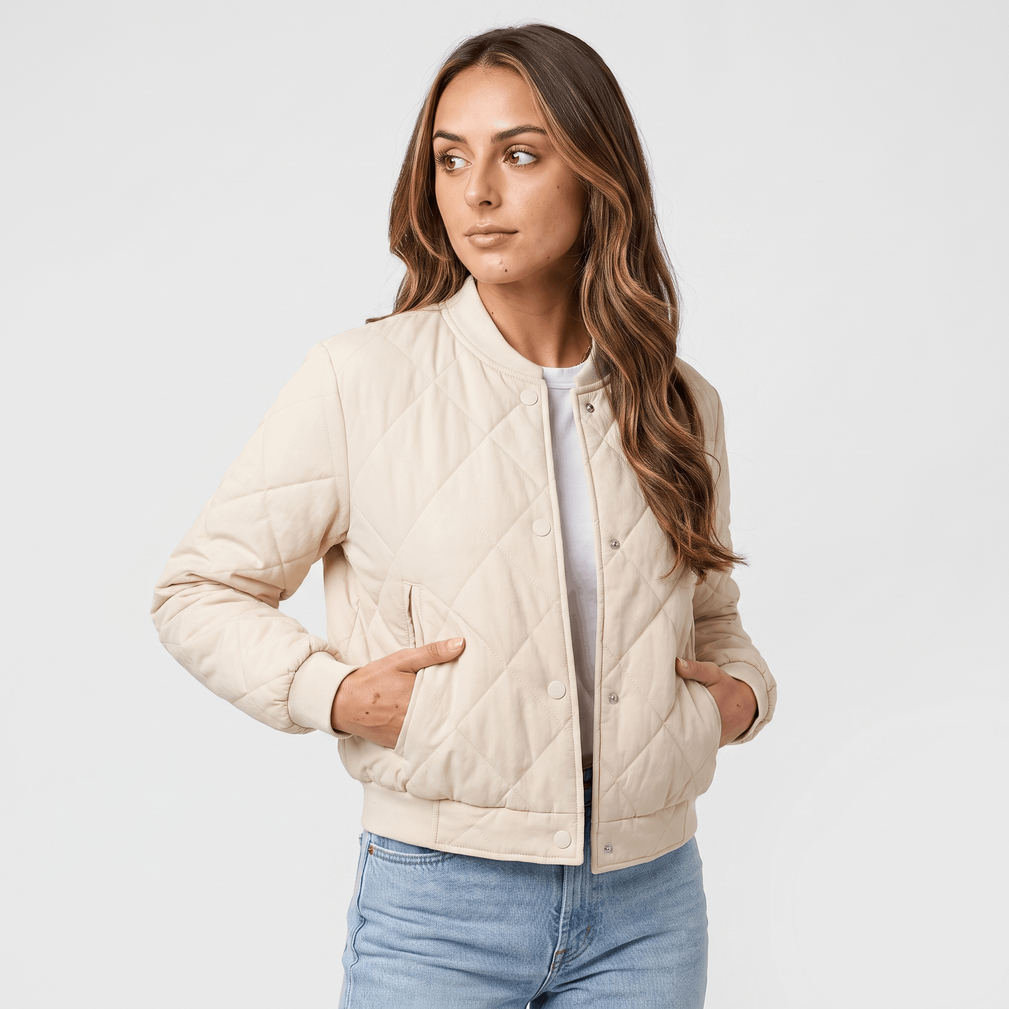 Female model wearing a cream quilted jacket with a stand collar and front zipper.