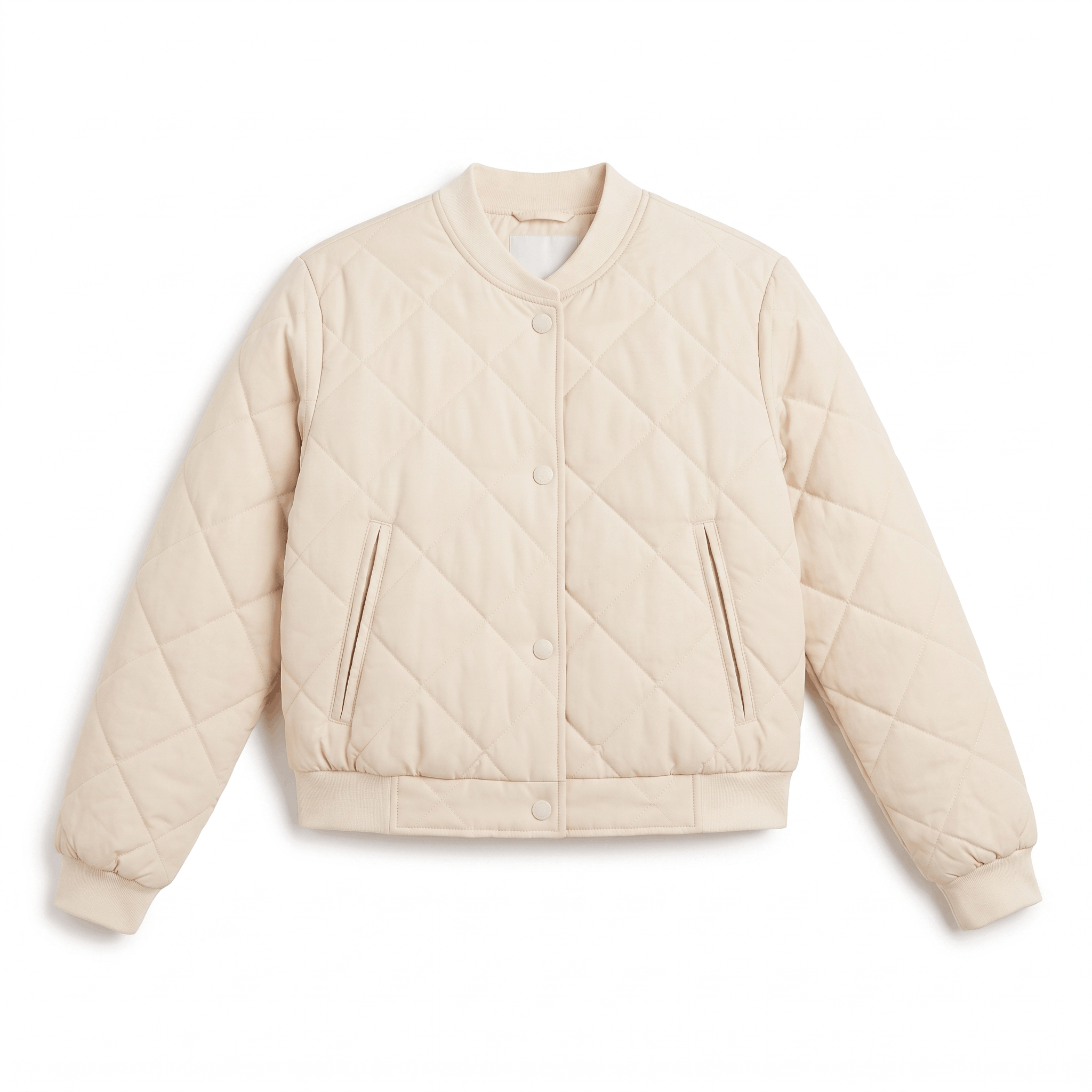 Cream quilted jacket with a stand collar, diamond-stitched pattern, and ribbed cuffs and hem.