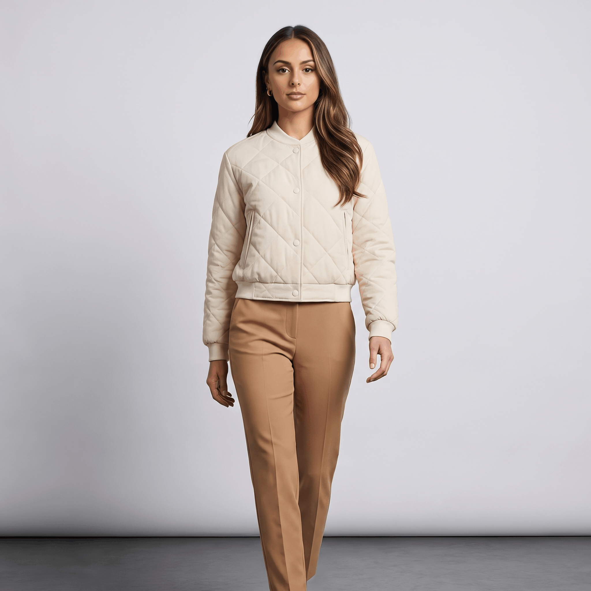 Female model wearing the cream quilted jacket with brown trousers.