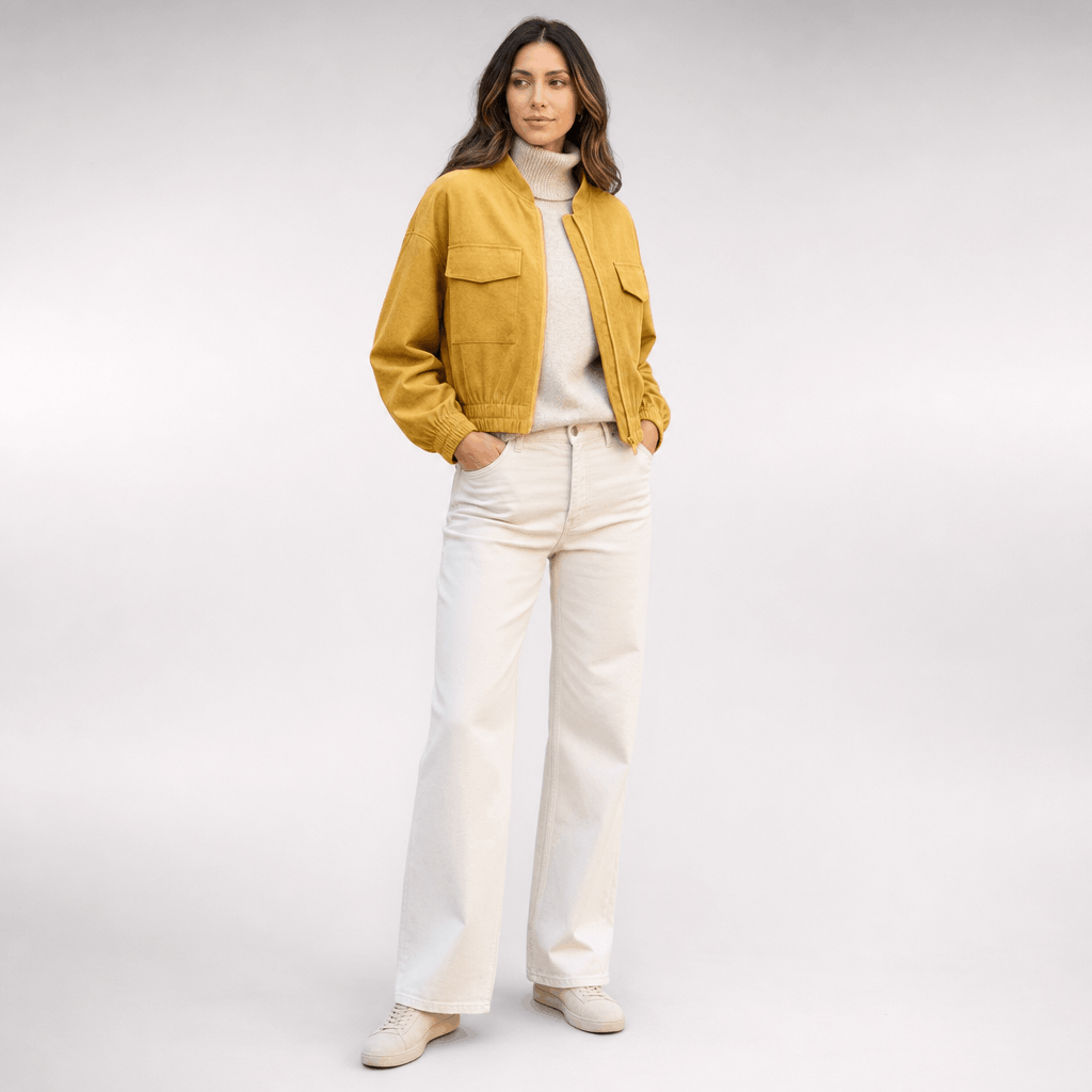 Female model wearing a mustard yellow cropped utility jacket with a stand collar and buttoned front, paired with white trousers.