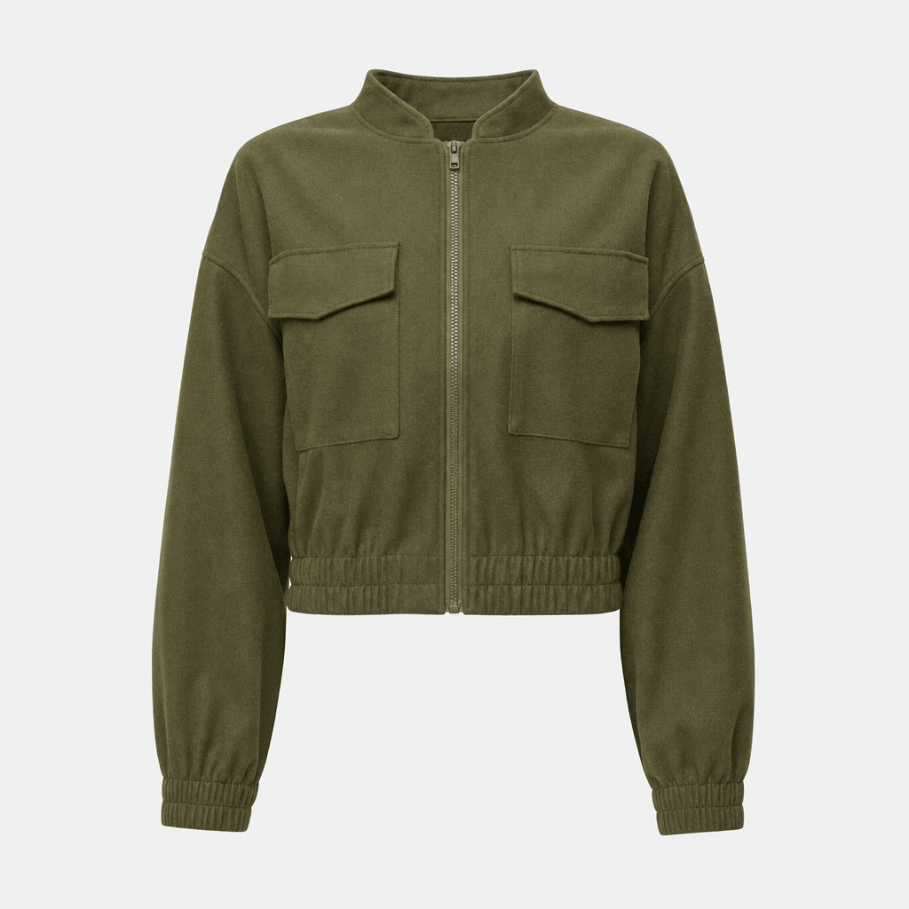 Olive green cropped utility jacket with a stand collar, full front zipper, buttoned chest pockets, and elastic cuffs and hem.