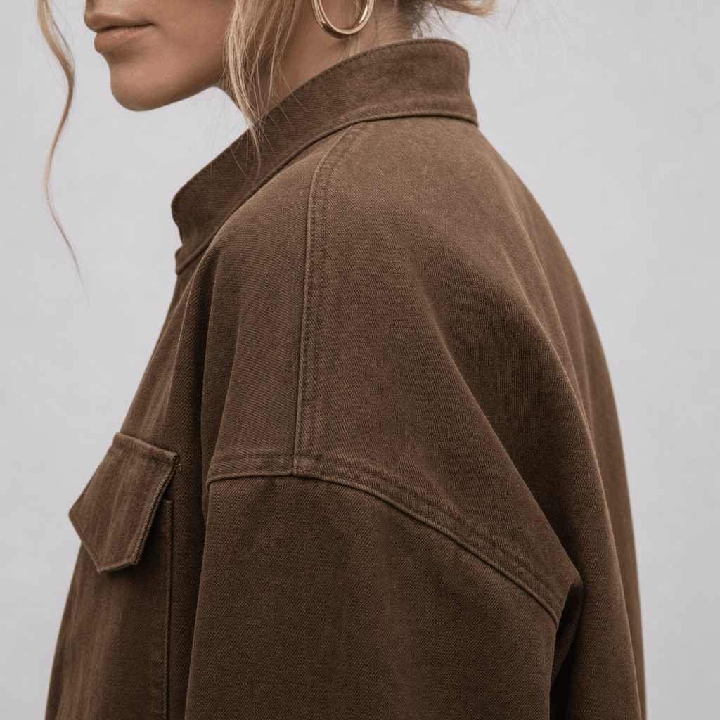 Side and back view of the brown cropped jacket, highlighting the raised collar and seam details.
