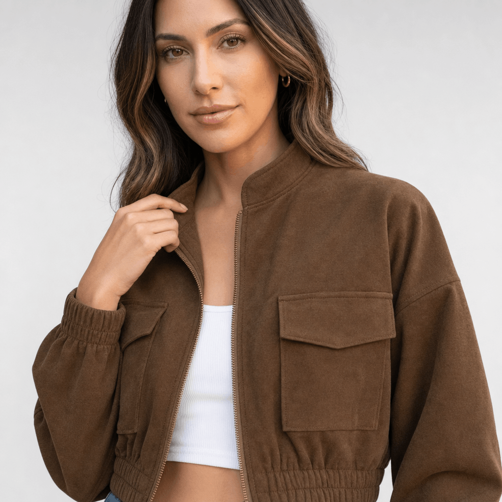 Female model wearing the brown jacket, showing the stand collar, buttoned chest pocket, and cropped fit.