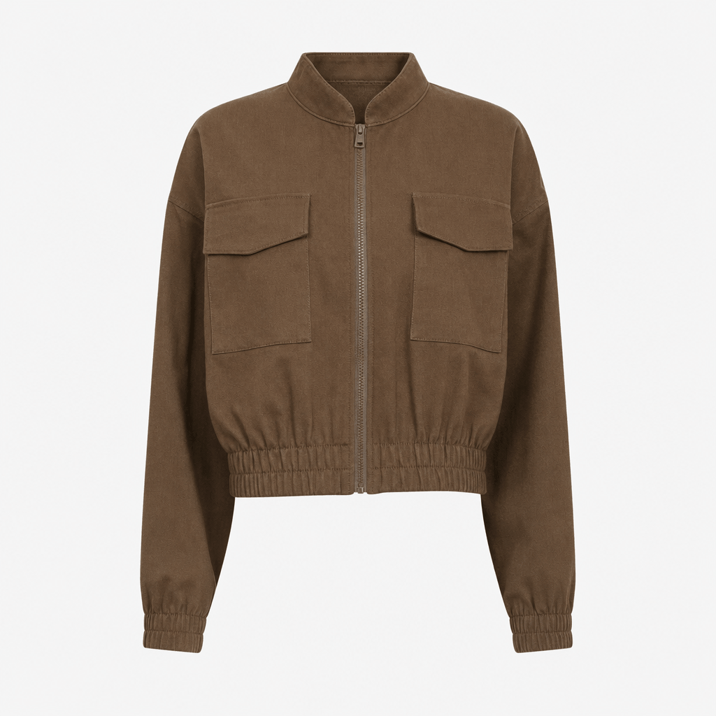 Brown cropped utility jacket with a stand collar, buttoned chest pockets, front buttons, and elastic cuffs and hem.