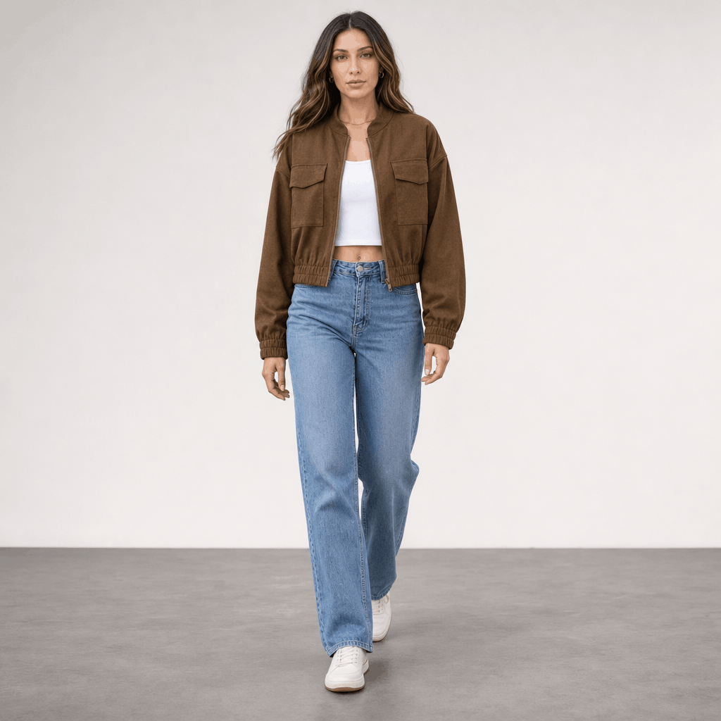 Female model wearing the brown cropped utility jacket with a white top and blue jeans