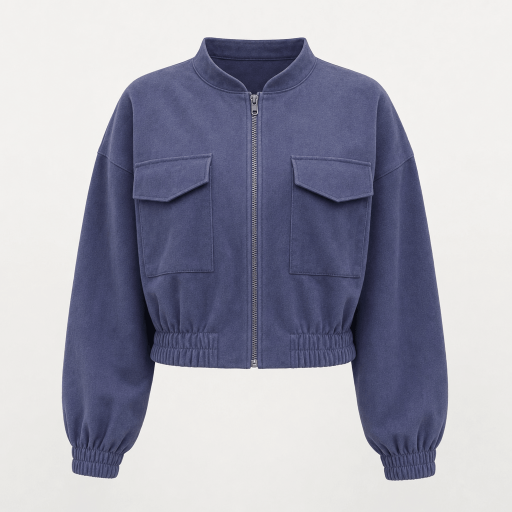 Blue cropped utility jacket with a stand collar, buttoned chest pockets, front buttons, and elastic cuffs and hem.