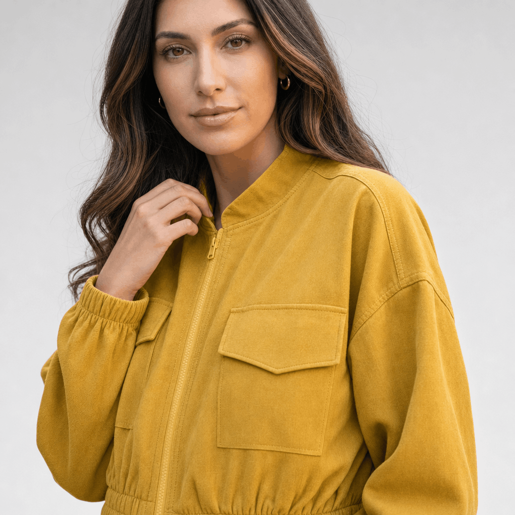 Female model wearing the mustard yellow utility jacket, highlighting the collar and chest pocket.