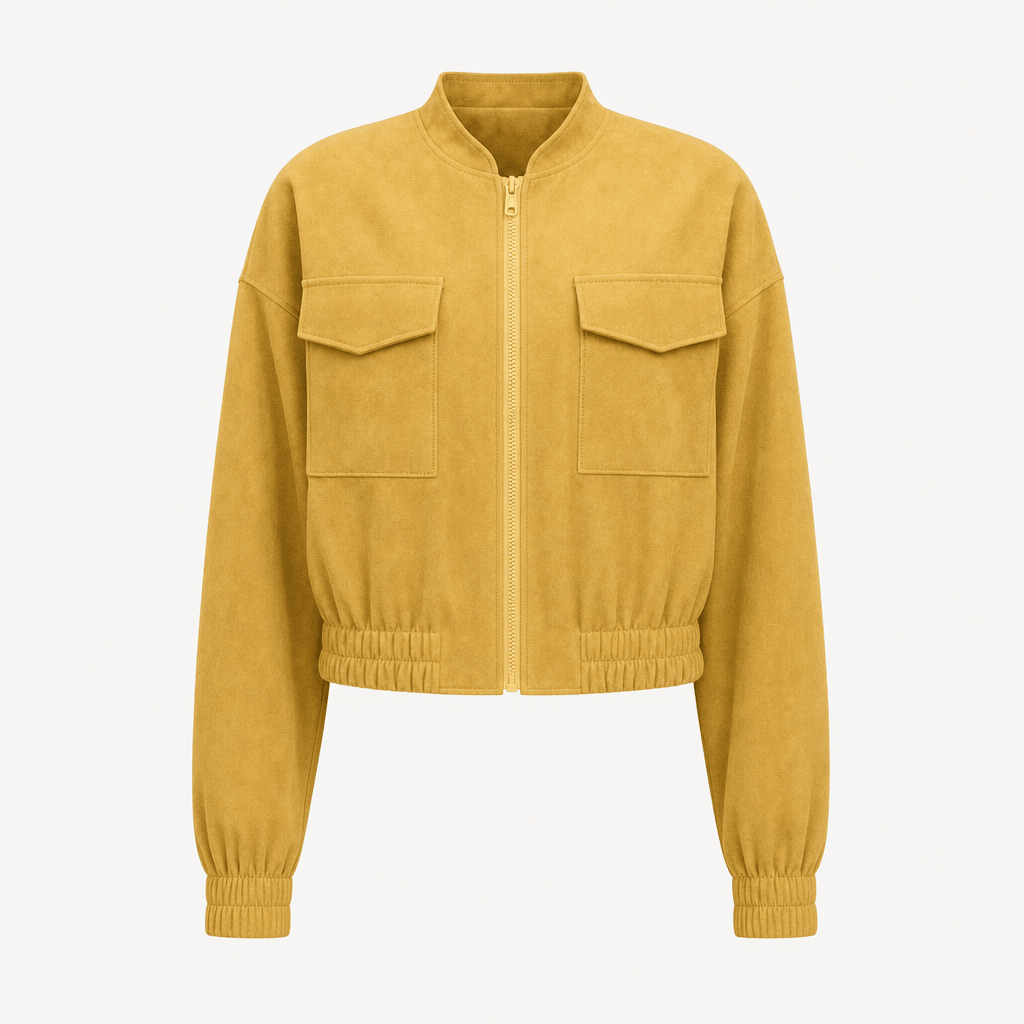 Mustard yellow cropped utility jacket with a stand collar, buttoned chest pockets, front buttons, and elastic cuffs and hem.