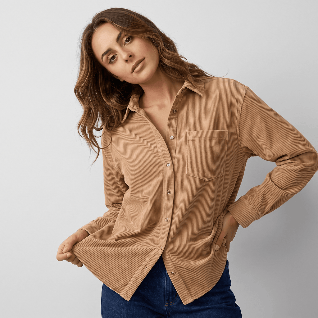 Beige fine wale corduroy button-down shirt with a relaxed fit, point collar, and chest pocket worn with dark jeans.